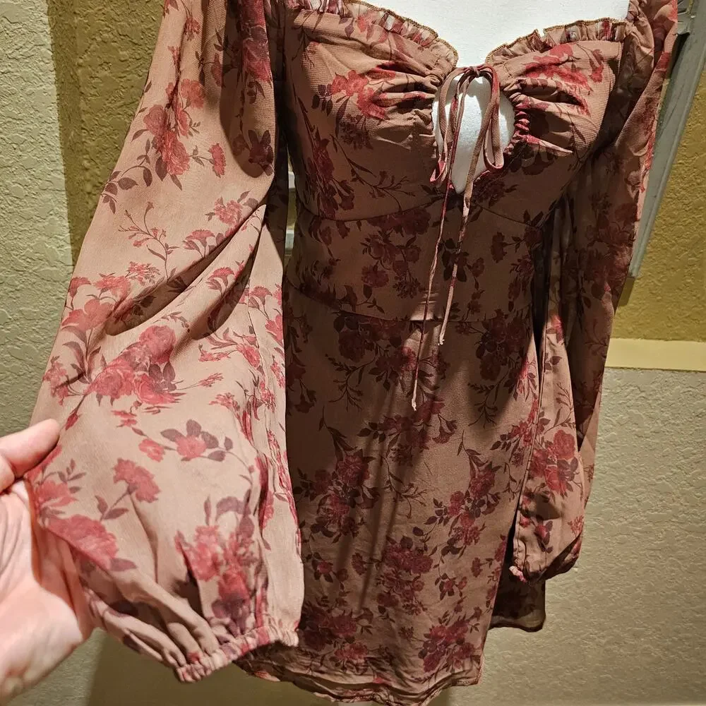 Romantic Cottagecore Floral Top Milkmaid Ruched Whimsy Boho Peplum Sheer Dress S - Picture 8 of 11